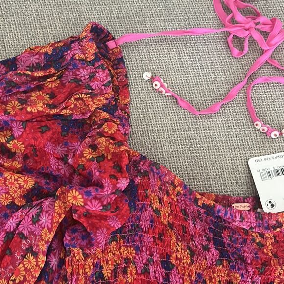 NWT Free People Pink Multicolor Floral Smocked Puff Sleeve Crop Top Size S - Picture 5 of 10